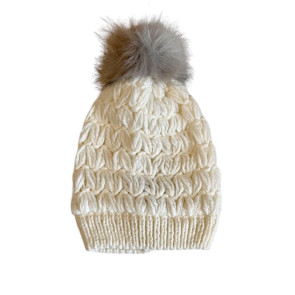 Express Knit Beanie Hat Adult One Size Ivory Stretch Slouchy Gray Faux Fur Pom - Picture 1 of 7
